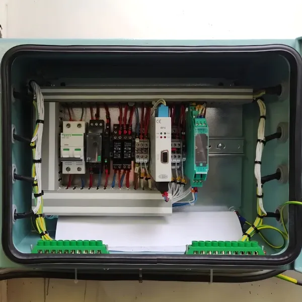 Ship automation control panel with relays, circuit breakers and electrical wiring onboard a vessel