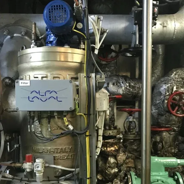Alfa Laval BWTS filter with electrical and piping connections installed onboard a vessel