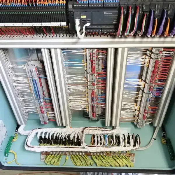 Wiring inside an industrial electrical control panel