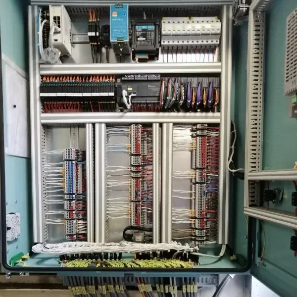 Control cabinet with relays, terminal blocks and organised signal wiring