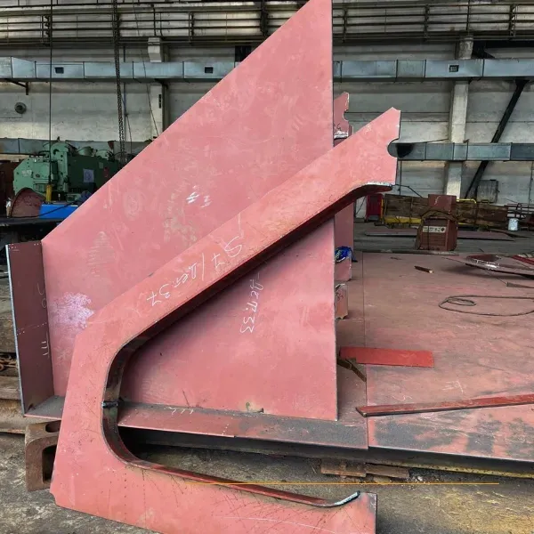 Fabricated steel structure prepared in workshop for ship repair and dry dock support works.
