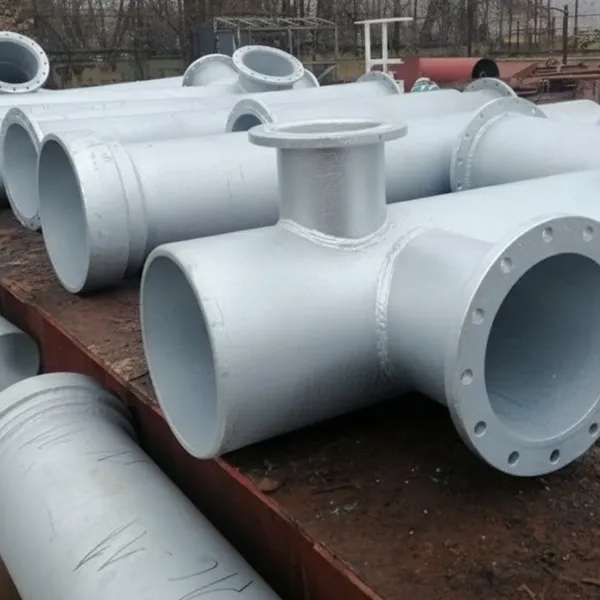Prefabricated marine pipe spool with branch connection and flanged end prepared for onboard piping installation during ship repair.